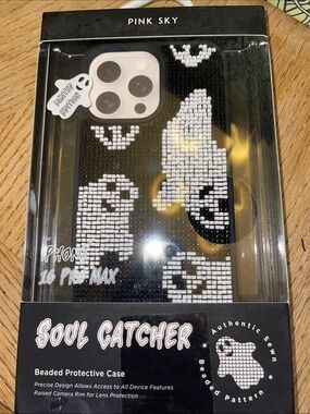 Pink Sky Soul Catcher Beaded iPhone 16 Pro Max Case - Black & White Ghosts